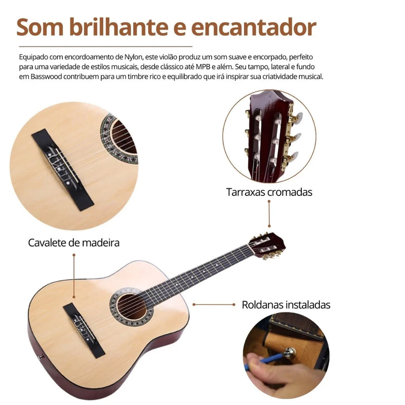 Kit Violão Acústico Estudante Iniciante Bravo AN100 - Nylon Clássico + Capa e Palhetas 🎶